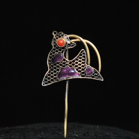Unique Vintage Silver Goat / Capricorn Stick Pin with Purple Enamel & Coral